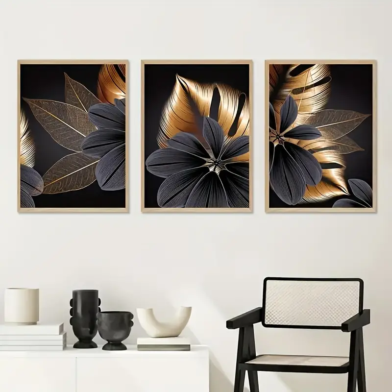 Ultimate Timeless Elegance: 3pcs Frameless Black Golden Plant Leaf ...